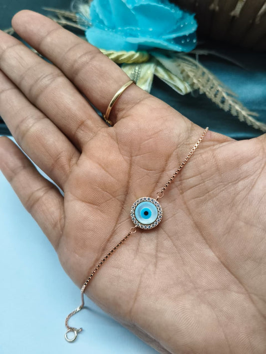 925 Silver Rose Gold Colour Round Pattern Evil Eye Design Bracelet
