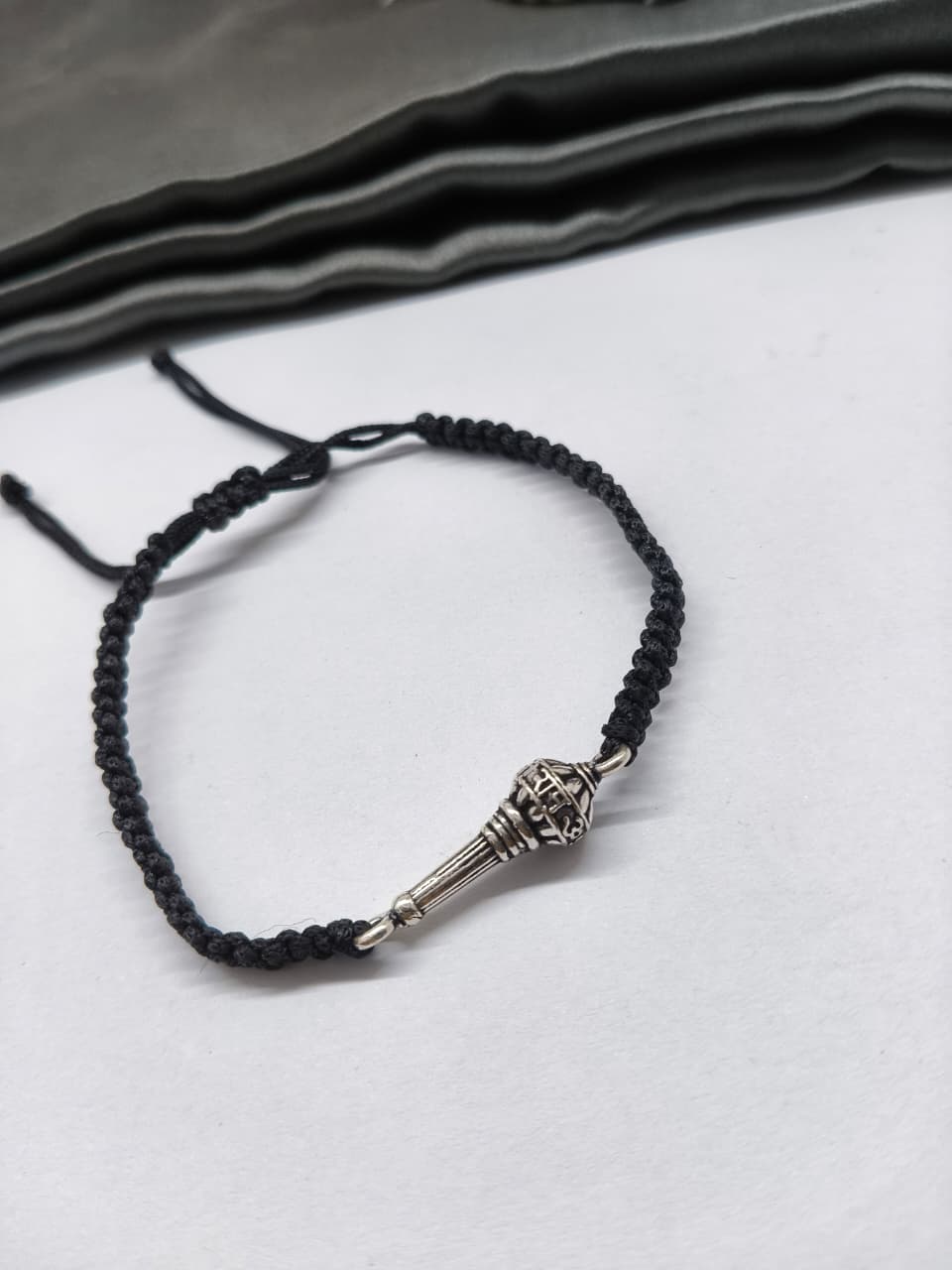 925 Silver In Oxidized Regular Colour JAI SHREE RAM GADA With Black Thread Adjustable Bracelet