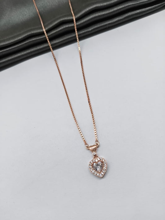 925 Silver Rose Gold Colour Heart Design White Stone Chain Pendant