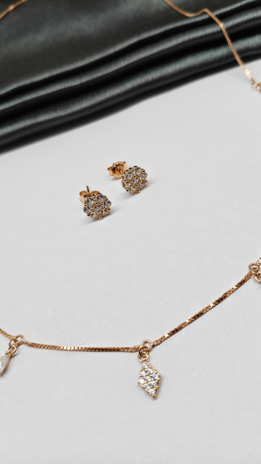 925 Silver Rose Gold Colour Charms Hanging Design White Stone Necklace Set