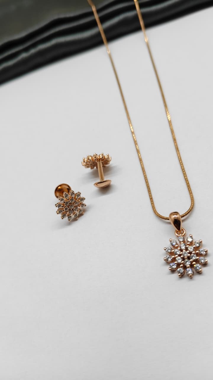 925 Silver Rose Gold Colour White Stone Design Chain Pendant Set With Earrings