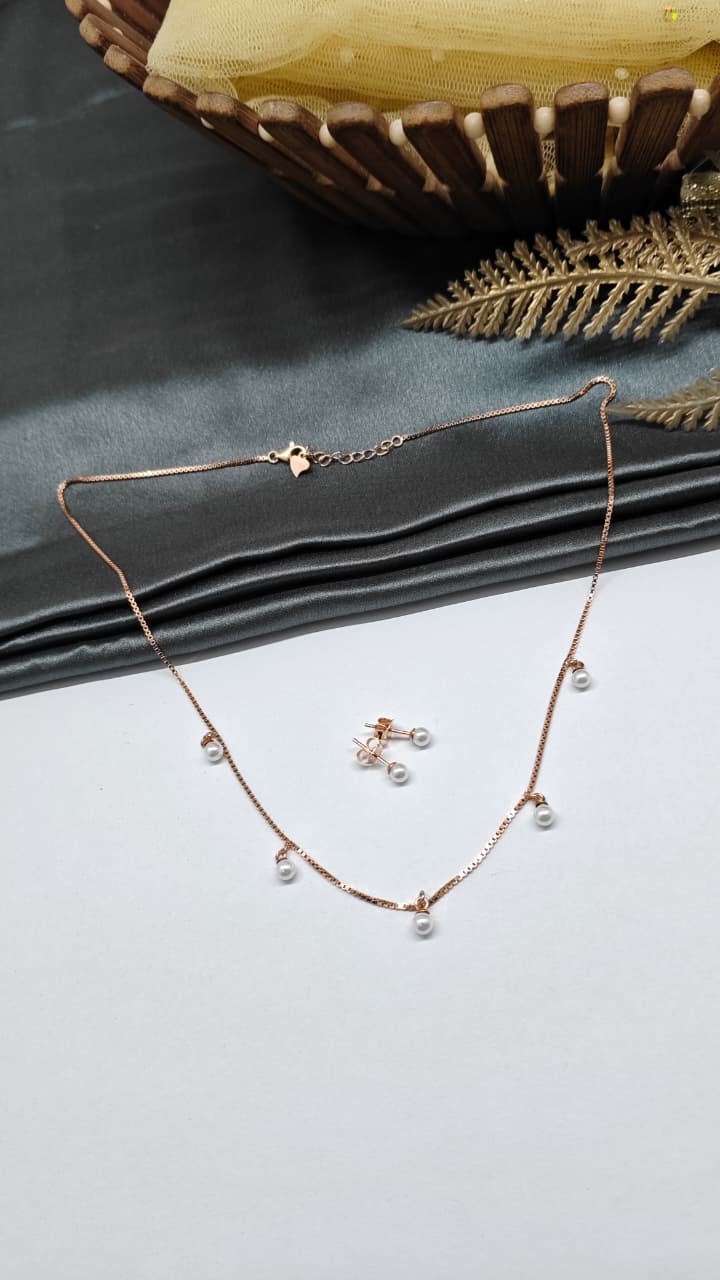 925 Silver Rose Gold Colour Pearl Hanging Design Set With Earring