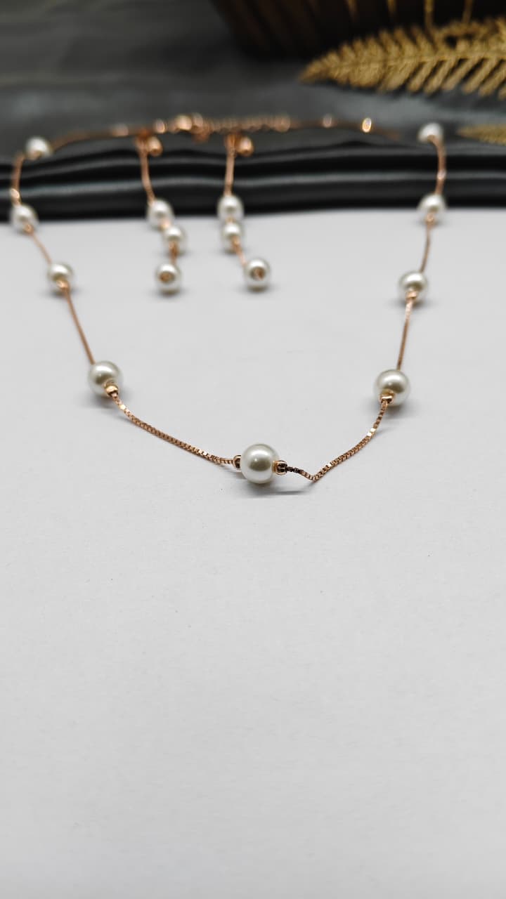 925 Silver Rose Gold Colour 9 Pearl Design Set With Earring