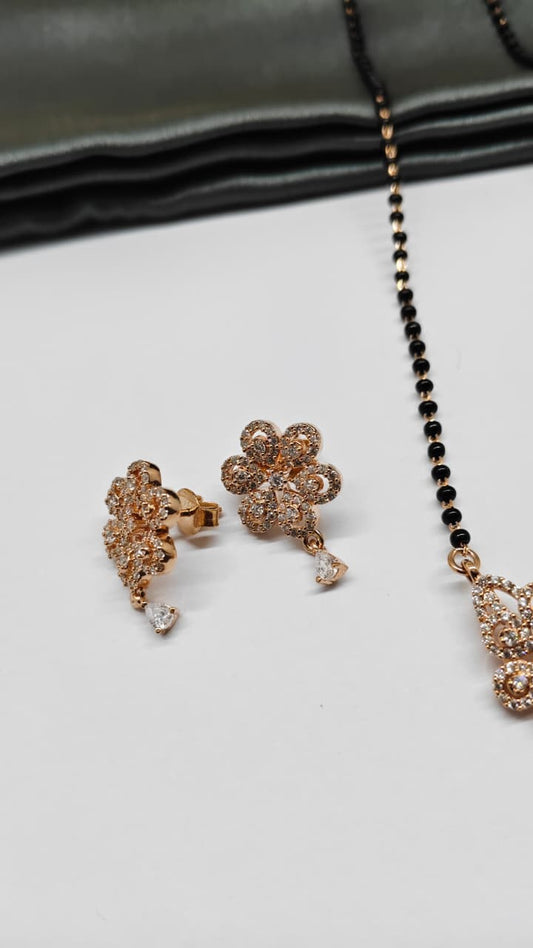 925 Silver Rose Gold White Stone Design Mangalsutra Black Beads Necklace Set