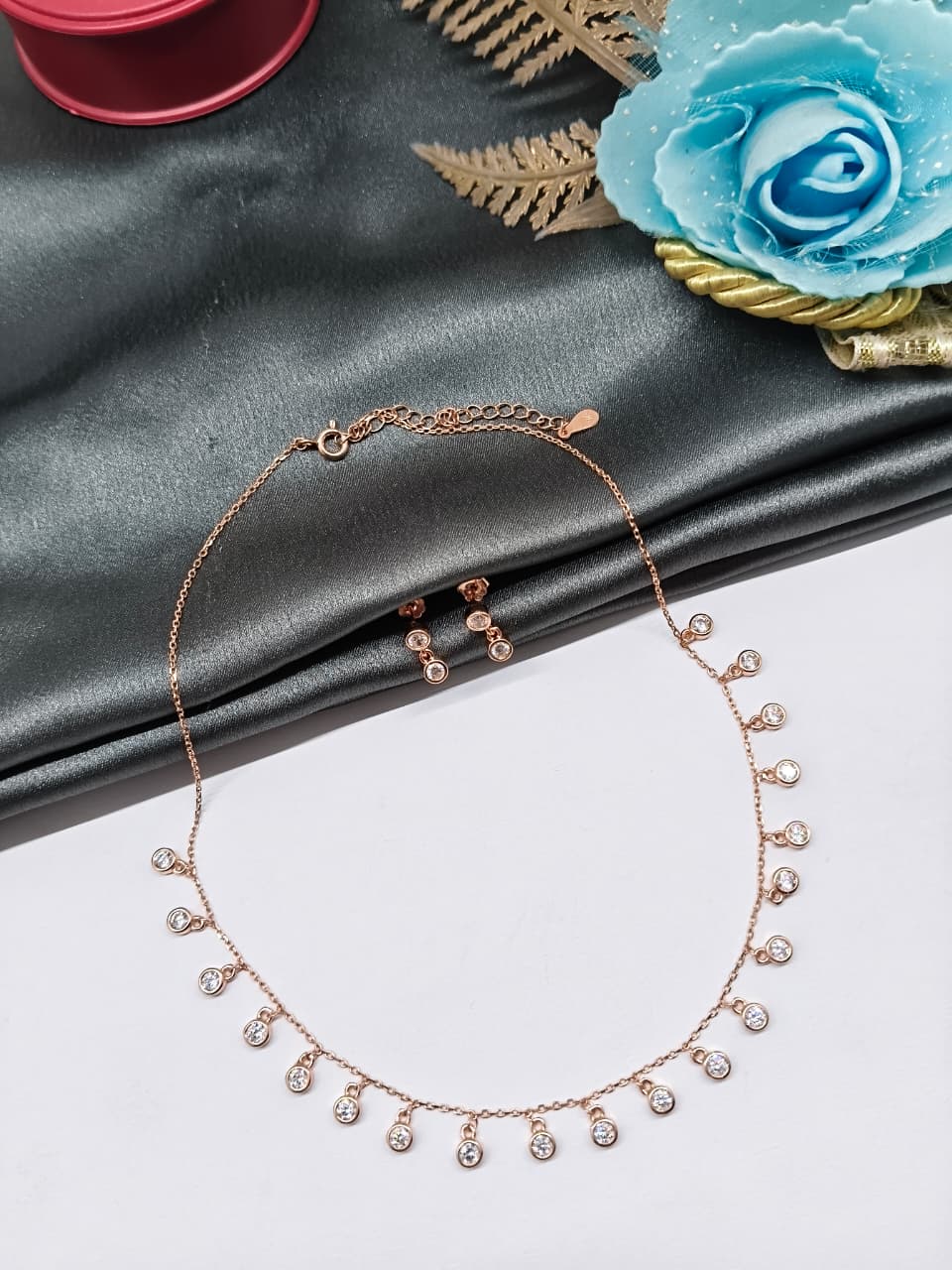 925 Silver Rose Gold Colour White Stone Drops Hanging Design Necklace Set
