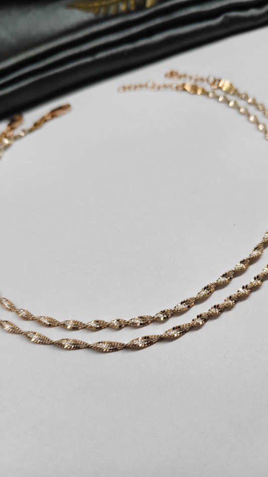 925 Silver Two Tone Layer Rose Gold-Silver Colour Twisted Design Anklet Pair