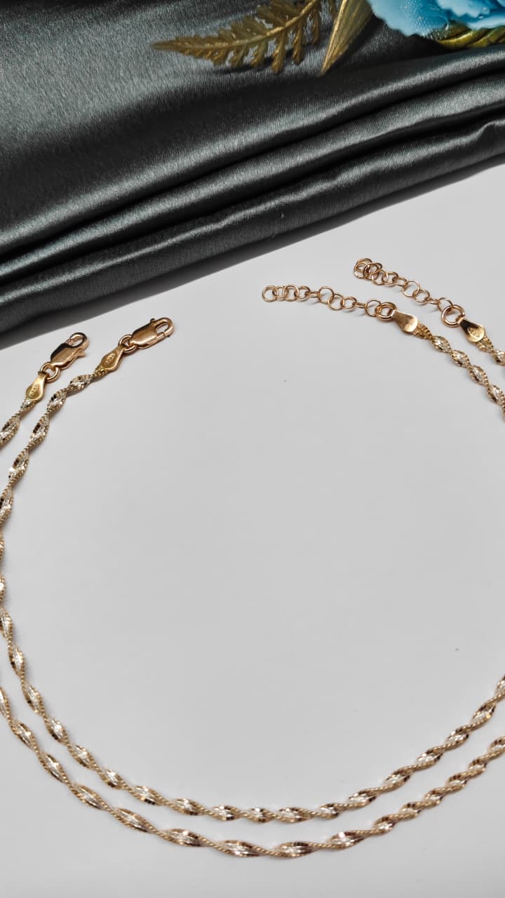 925 Silver Two Tone Layer Rose Gold-Silver Colour Twisted Design Anklet Pair