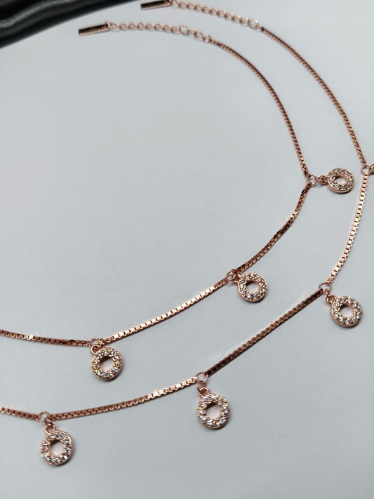 925 Silver Rose Gold Colour 5 Round Hanging Design With White Stone Anklets