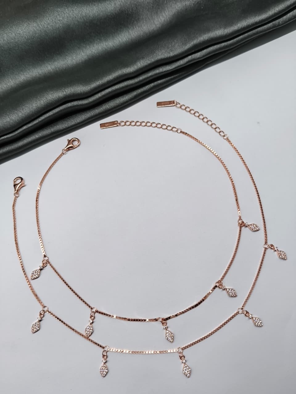 925 Silver Rose Gold Colour 5 Hanging Design With White Stone Anklets
