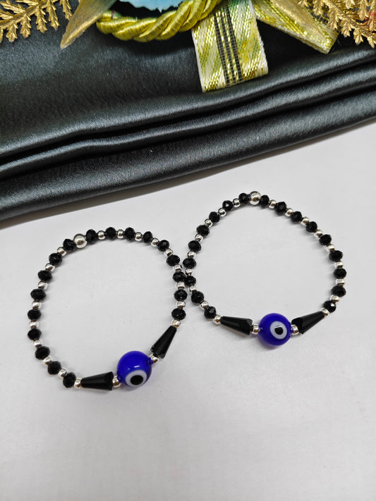 925 Silver Kids Nazariya Silver Beads With Black Beads Single Evil Eye In Plastic Stretchable Anklet\Bracelet Pair