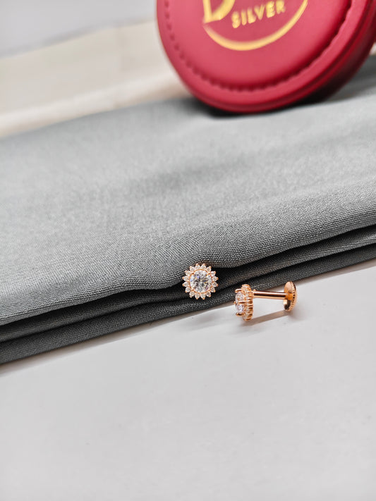 925 Silver Rose Gold Small Flower Design Multiple White Stone Earrings