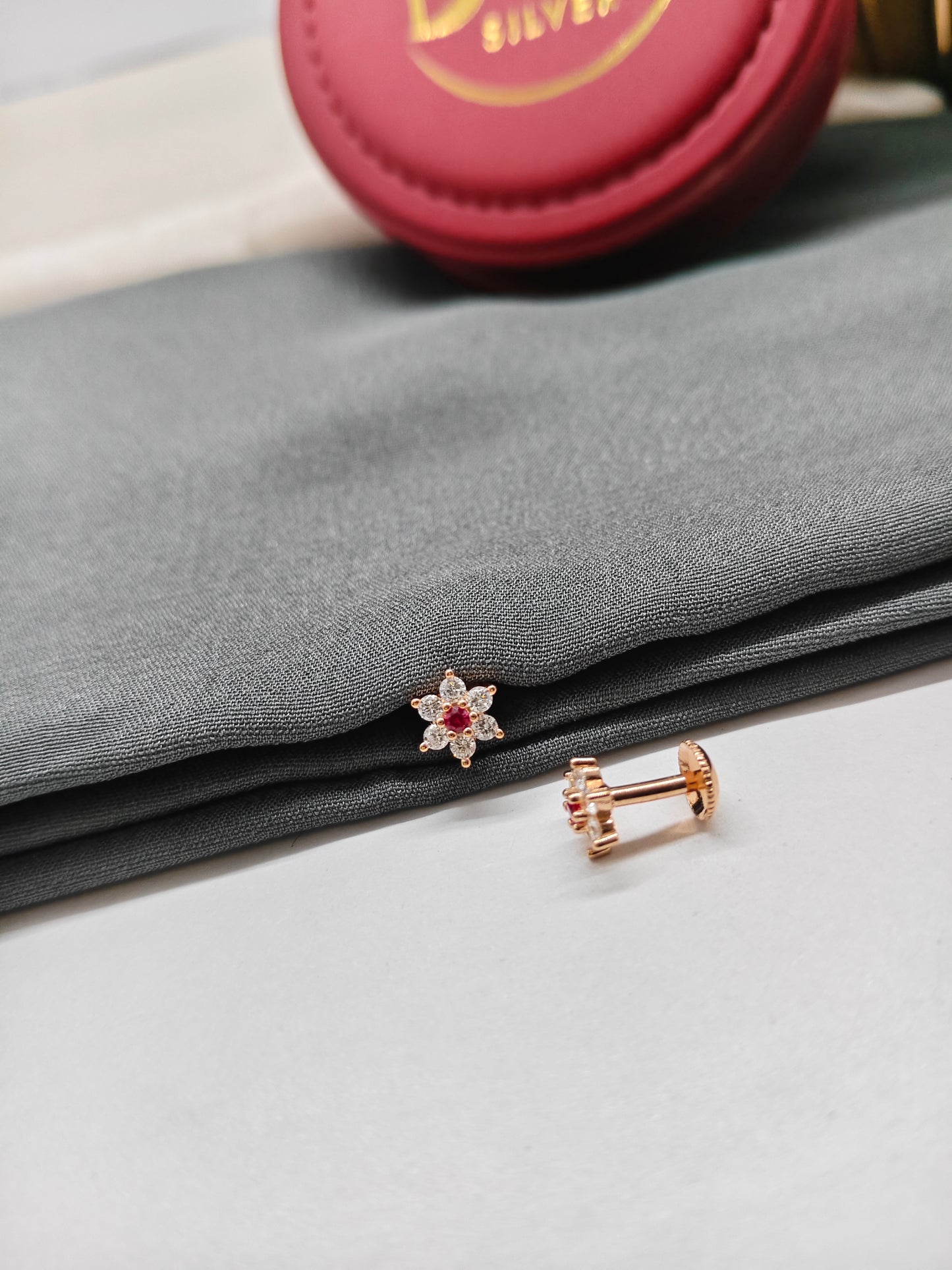 925 Silver Rose Gold Small Flower Design 6 White With 1 Red Stone Earrings