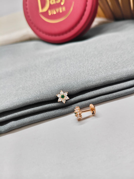 925 Silver Rose Gold Small Flower Design 6 White With 1 Green Stone Earrings