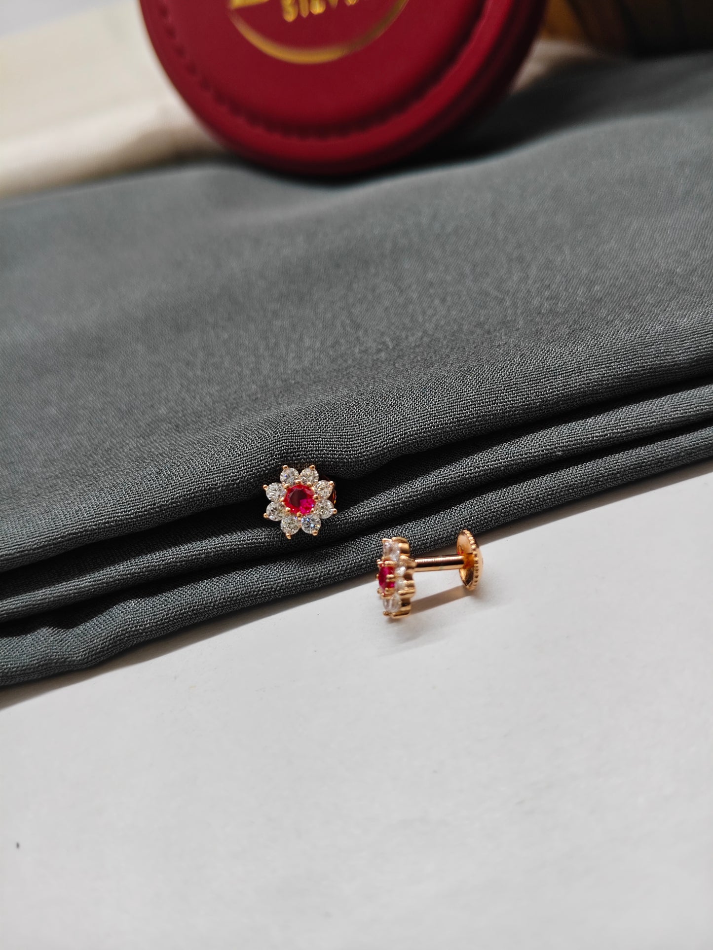 925 Silver Rose Gold Small Flower Design 8 White With 1 Red Stone Earrings
