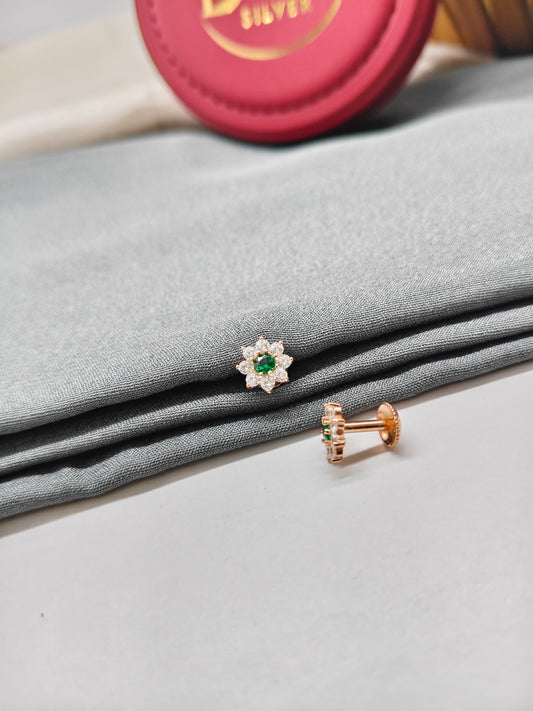 925 Silver Rose Gold Small Flower Design 8 White With 1 Green Stone Earrings