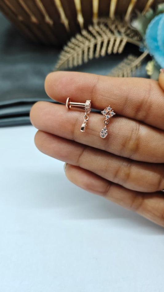 925 Silver Rose Gold Small 4 Stone With Multiple Stone Hanging White Stone Earrings