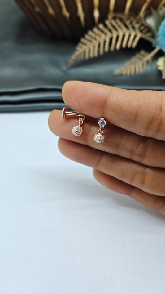 925 Silver Rose Gold Small Single Stone With Ball Design Hanging White Stone Earrings