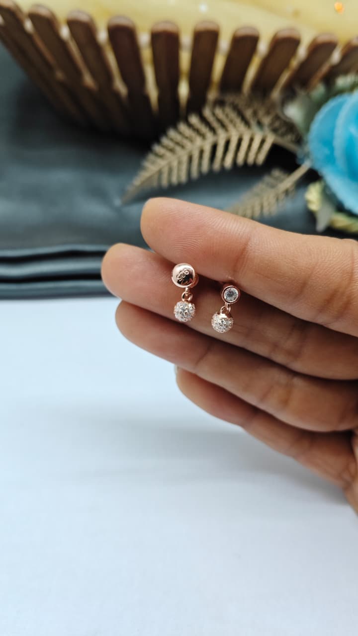 925 Silver Rose Gold Small Single Stone With Ball Design Hanging White Stone Earrings