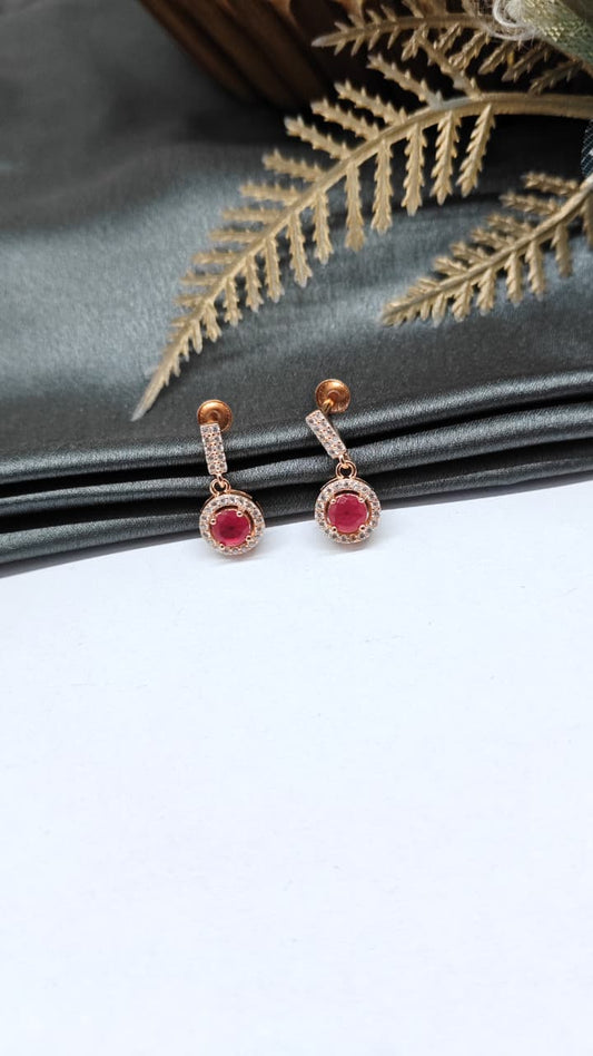 925 Silver Rose Gold Red Stone With White Stone Hanging Earrings