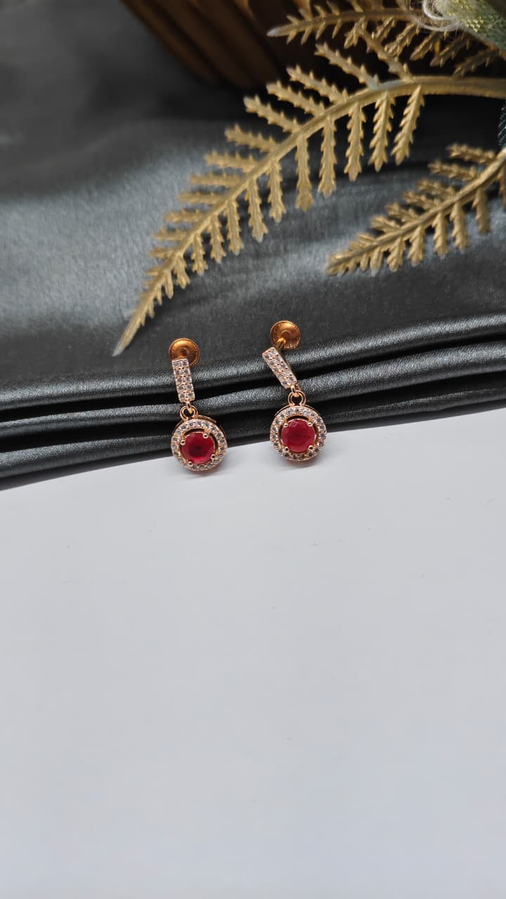 925 Silver Rose Gold Red Stone With White Stone Hanging Earrings