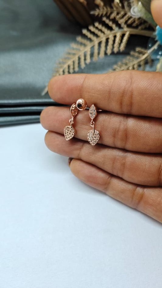925 Silver Rose Gold White Stone With Leaf Hanging Design Earrings