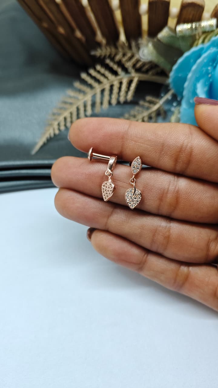 925 Silver Rose Gold White Stone With Leaf Hanging Design Earrings
