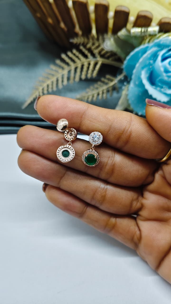 925 Silver Rose Gold Green With White Stone Hanging Earrings