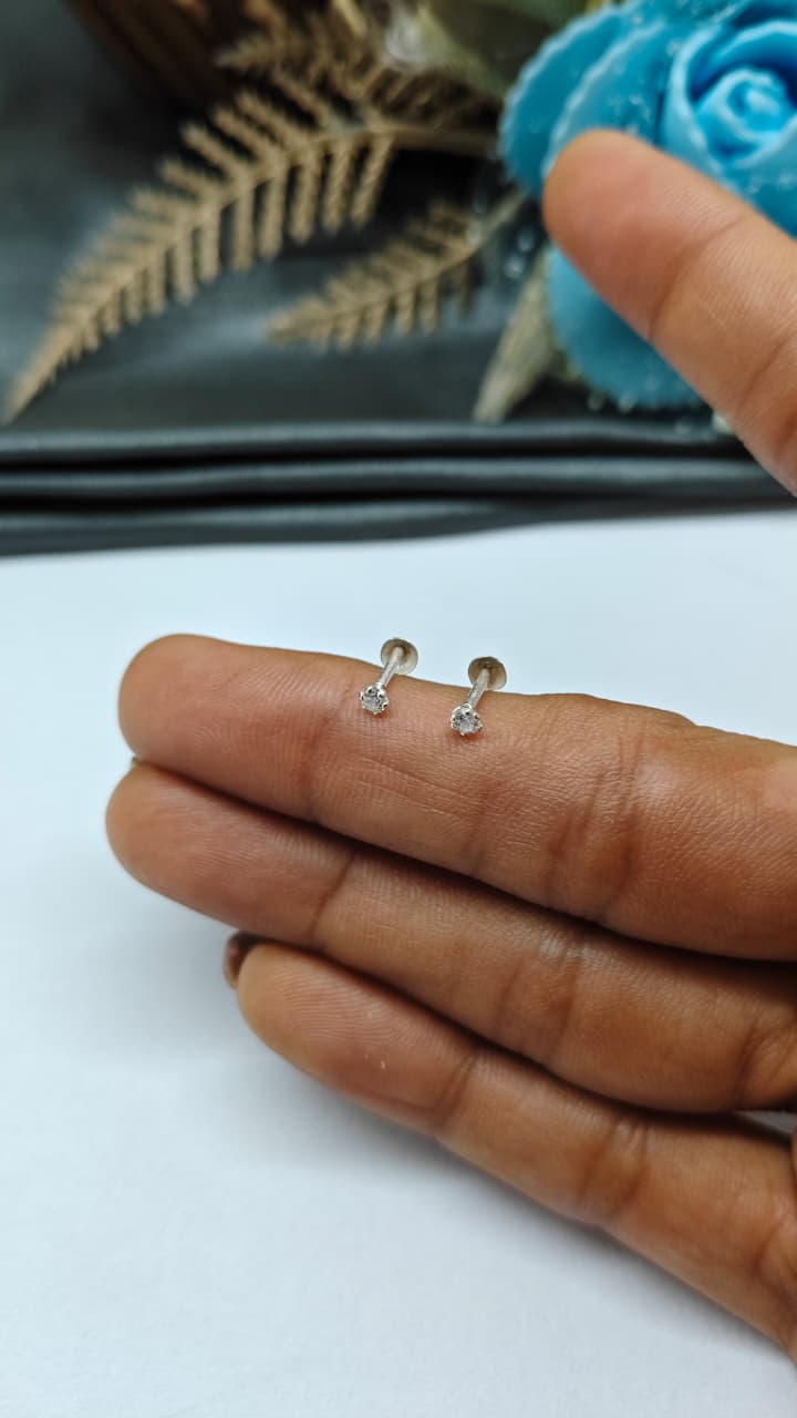 925 Silver Regular Silver Colour Small Single White Stone Side Stud/ Nose Pin in Pair