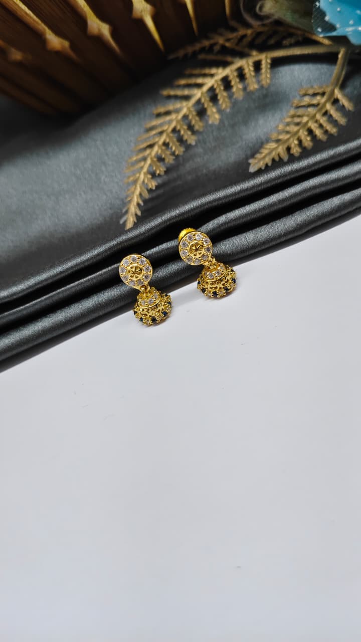 925 Silver Gold Colour White/Blue Stone With Jumkha Design Hanging Earrings