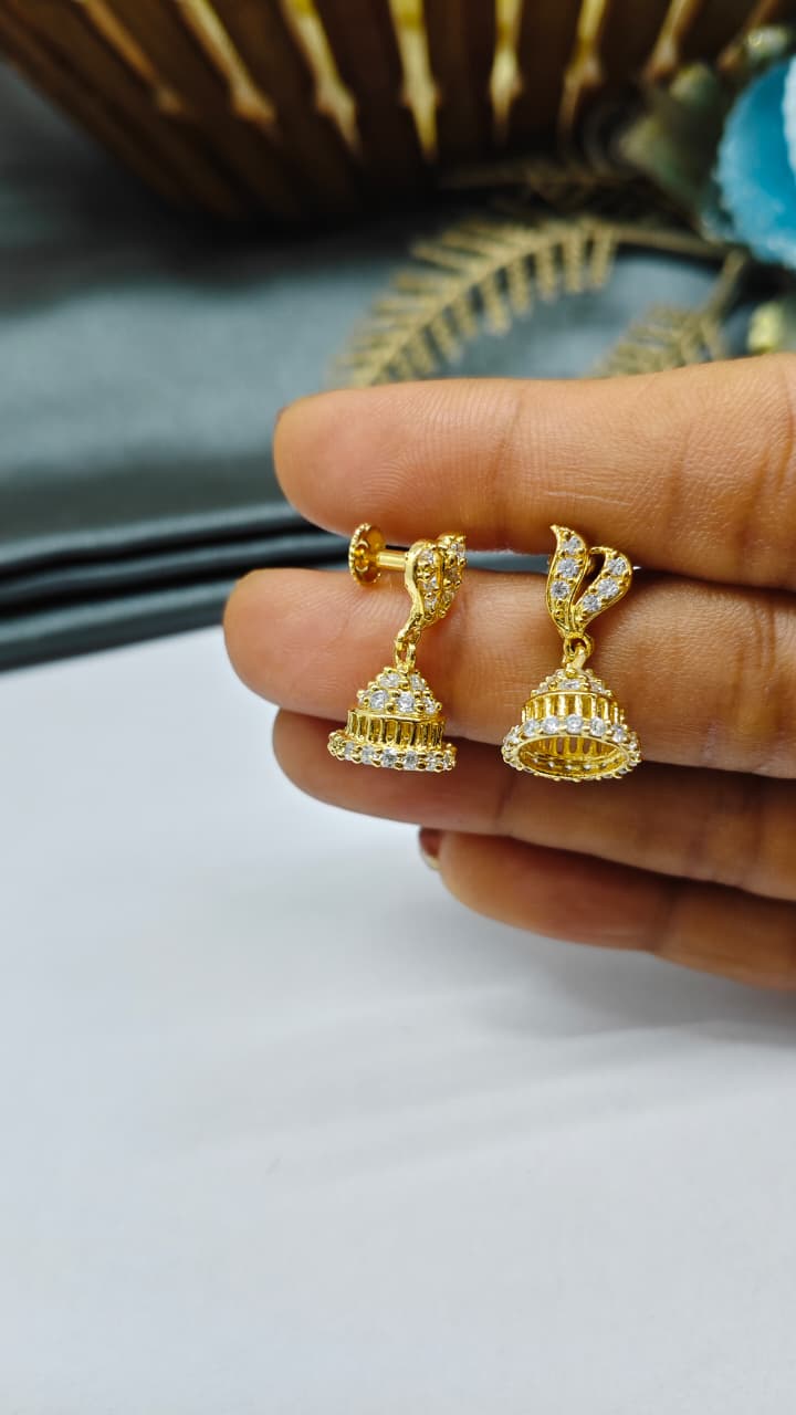 925 Silver Gold Colour White Stone With Jumkha Design Hanging Earrings