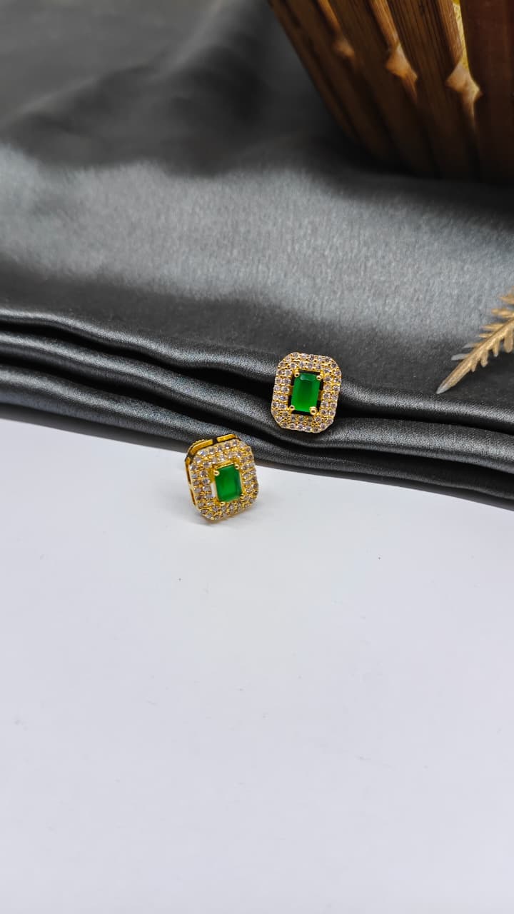 925 Silver Gold Colour 1 Green With Multiple White Stone Design Earrings