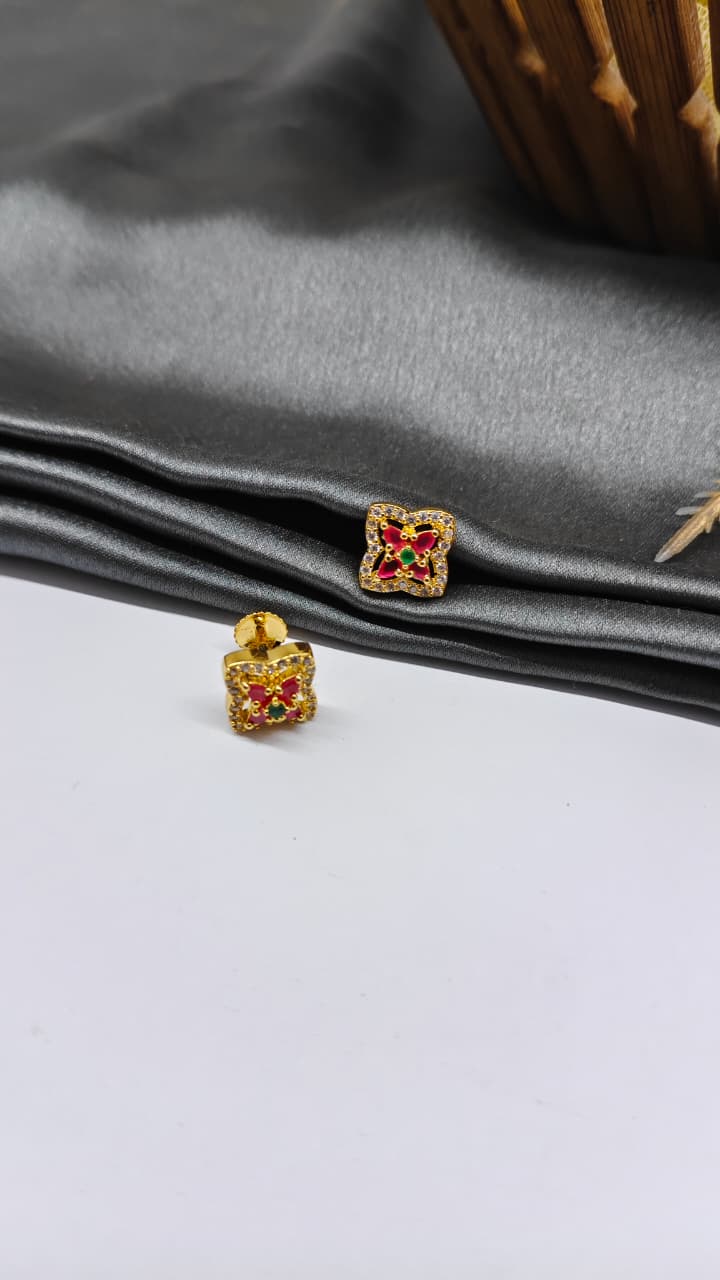 925 Silver Gold Colour Green/Red/White Stone Design Earrings