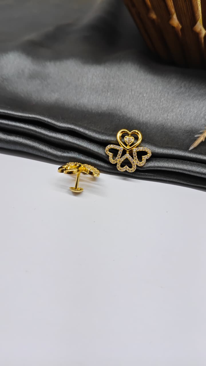 925 Silver Gold Colour 4 Heart Design White Stone Earrings