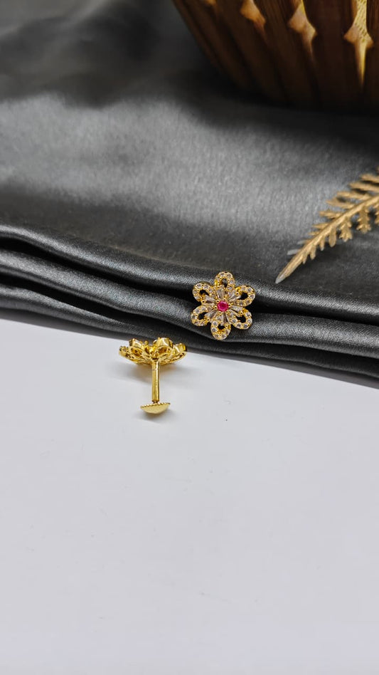 925 Silver Gold Colour 1Red Stone With White Stone Design Earrings