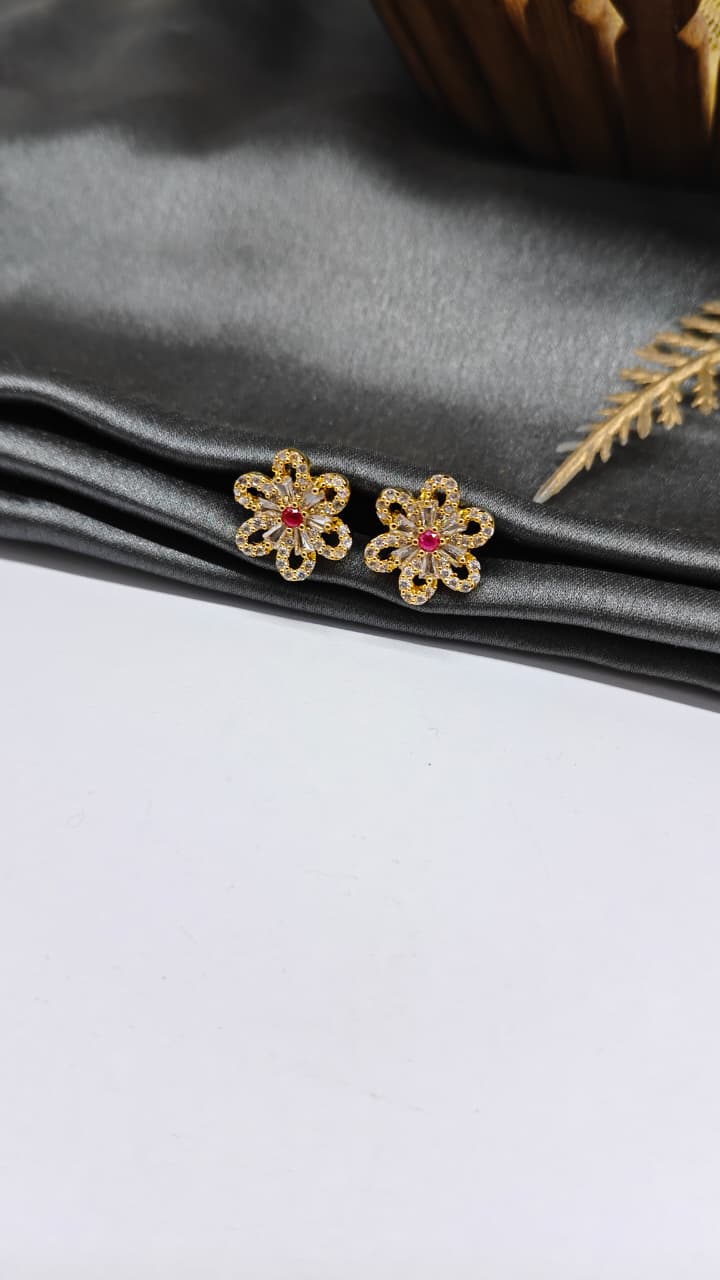 925 Silver Gold Colour 1Red Stone With White Stone Design Earrings