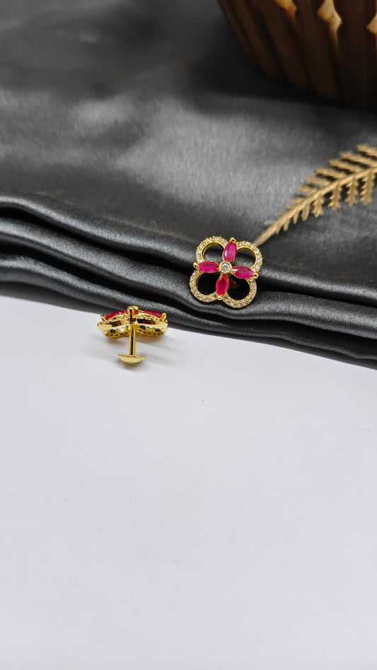 925 Silver Gold Colour Red With White Stone Design Earrings