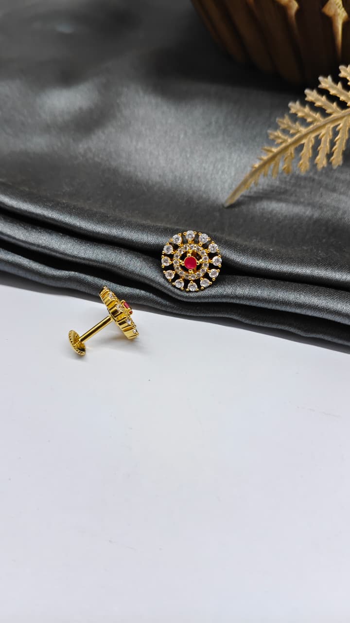 925 Silver Gold Colour 1 Red With White Stone Design Earrings