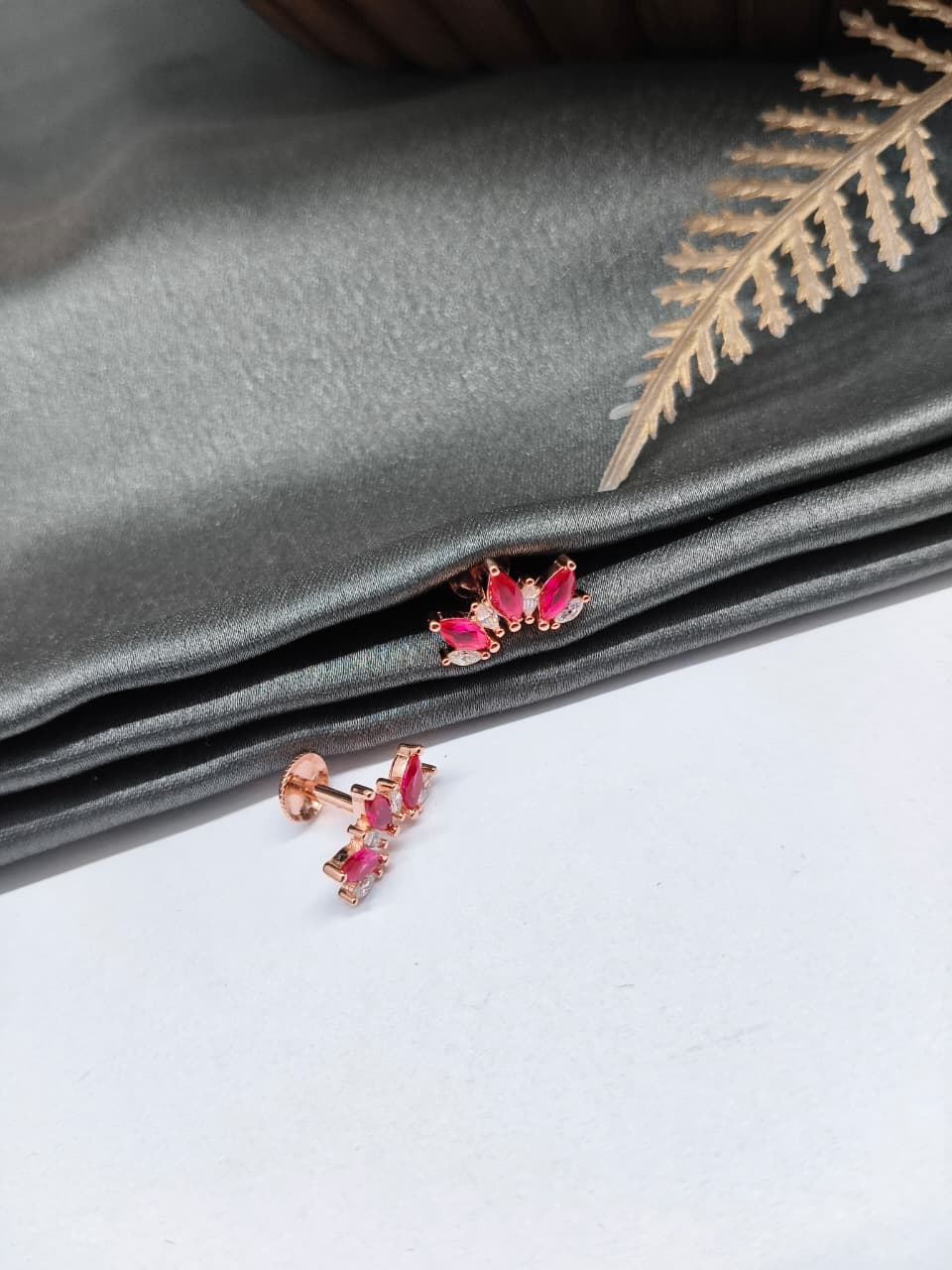 925 Silver Rose Gold 4 White Stone With 3 Pink Stone Half Design Earrings