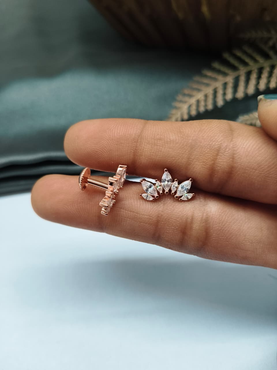 925 Silver Rose Gold 7 White Stone Half Design Earrings