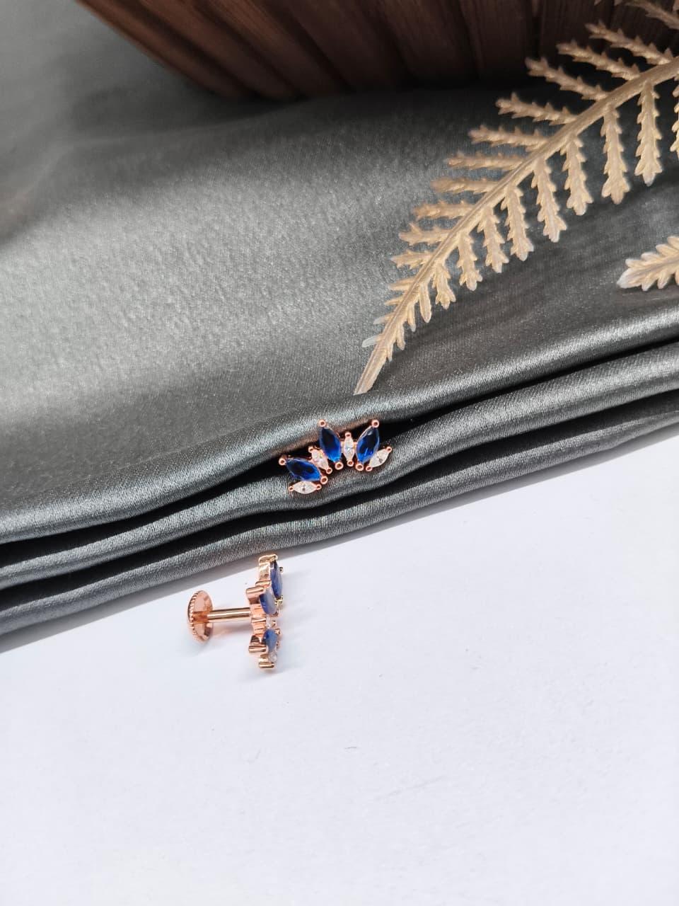 925 Silver Rose Gold 4 White Stone With 3 Blue Stone Half Design Earrings