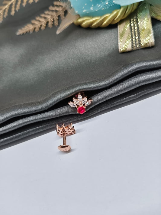 925 Silver Rose Gold 1 Round Red Stone +5 White Stone Earrings