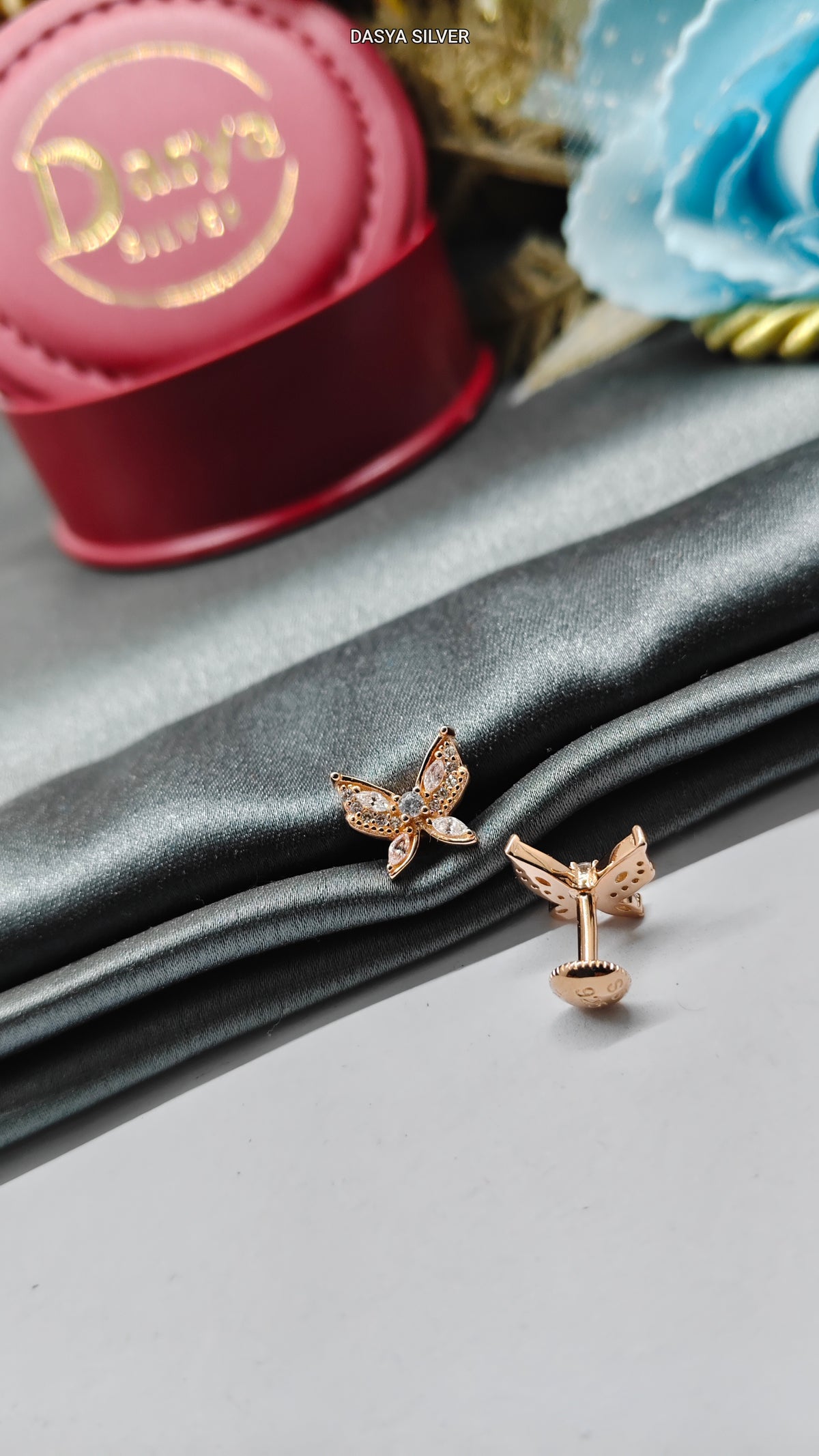 925 Silver Rose Gold Full White Stone Big Butterfly Design Earrings