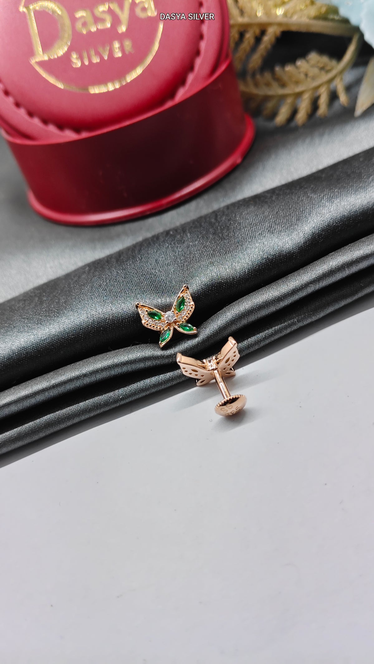925 Silver Rose Gold White With Green Stone Big Butterfly Design Earrings