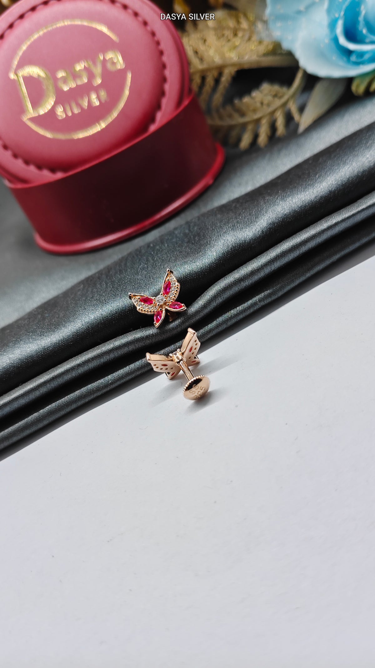 925 Silver Rose Gold White With Red Stone Big Butterfly Design Earrings