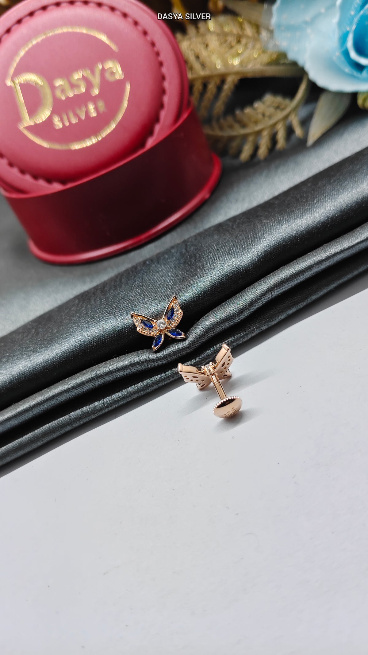 925 Silver Rose Gold White With Blue Stone Big Butterfly Design Earrings