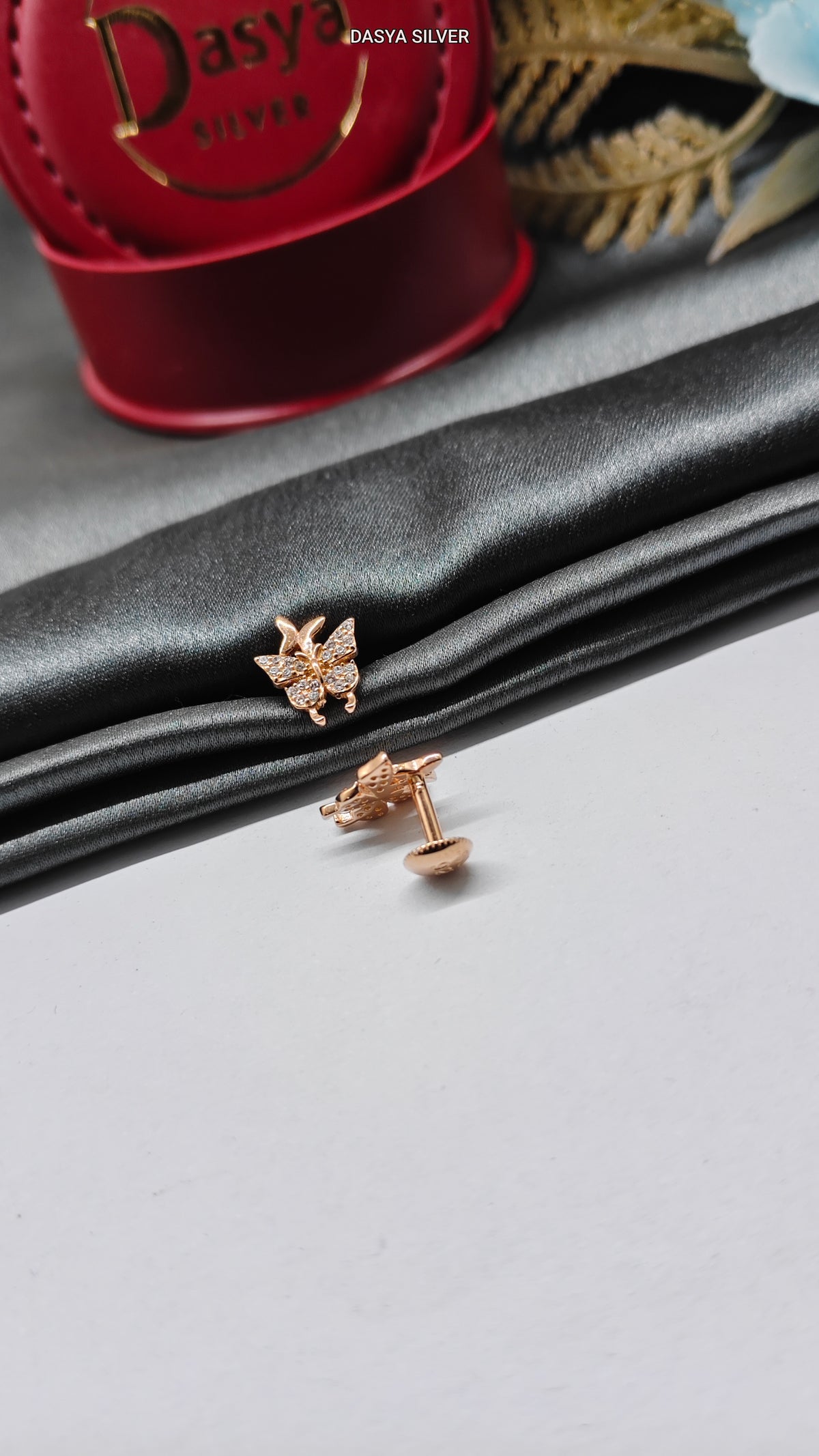 925 Silver Rose Gold Full White Stone Double Butterfly Design Earrings