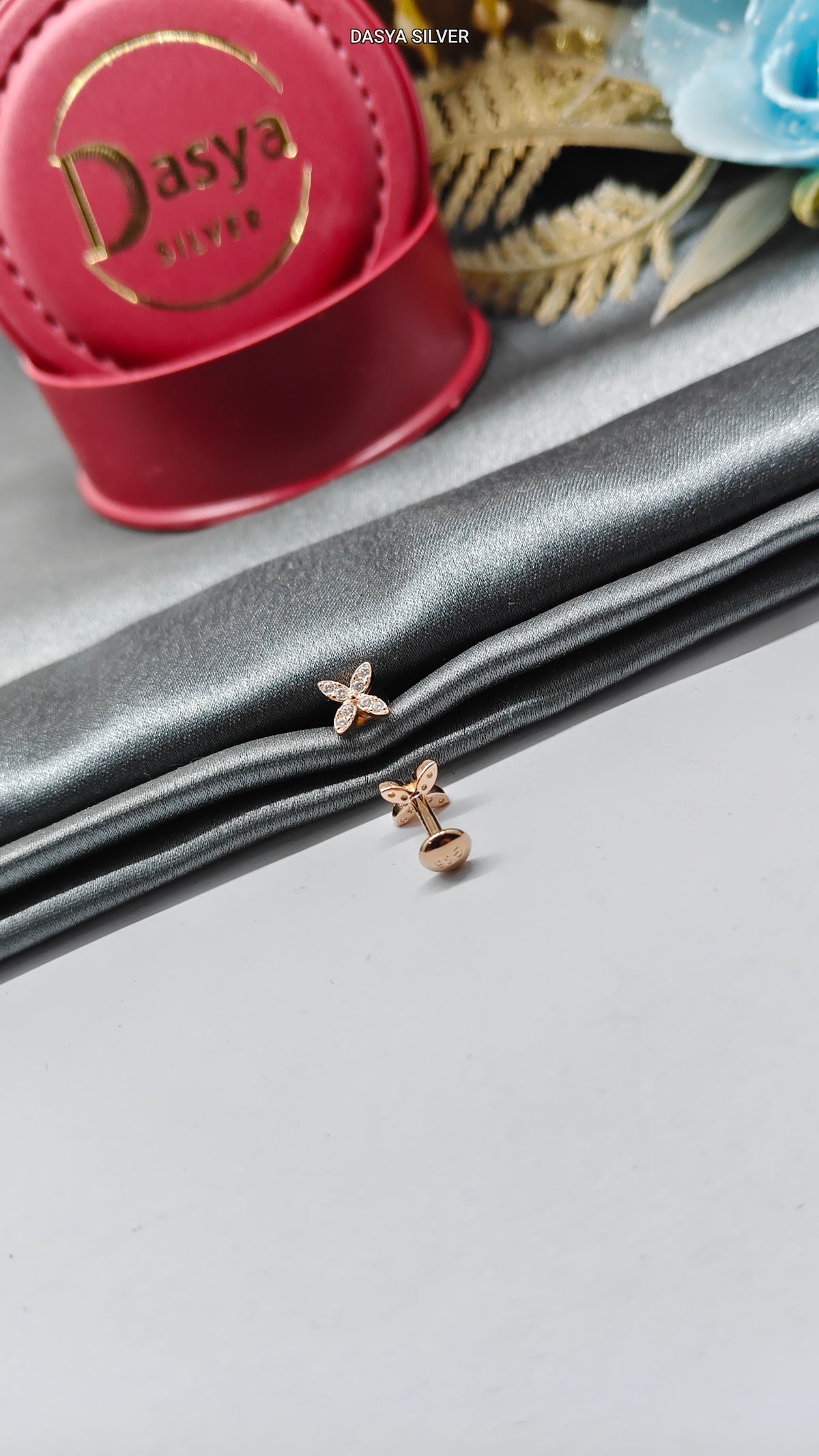 925 Silver Rose Gold Full White Stone X Design Small Earrings