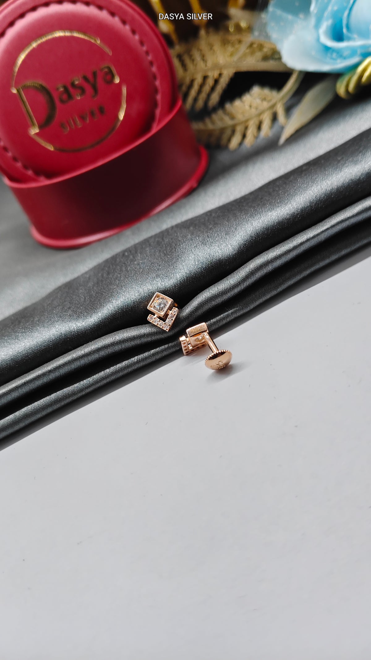 925 Silver Rose Gold Full White Stone Small Geometric Design Earrings