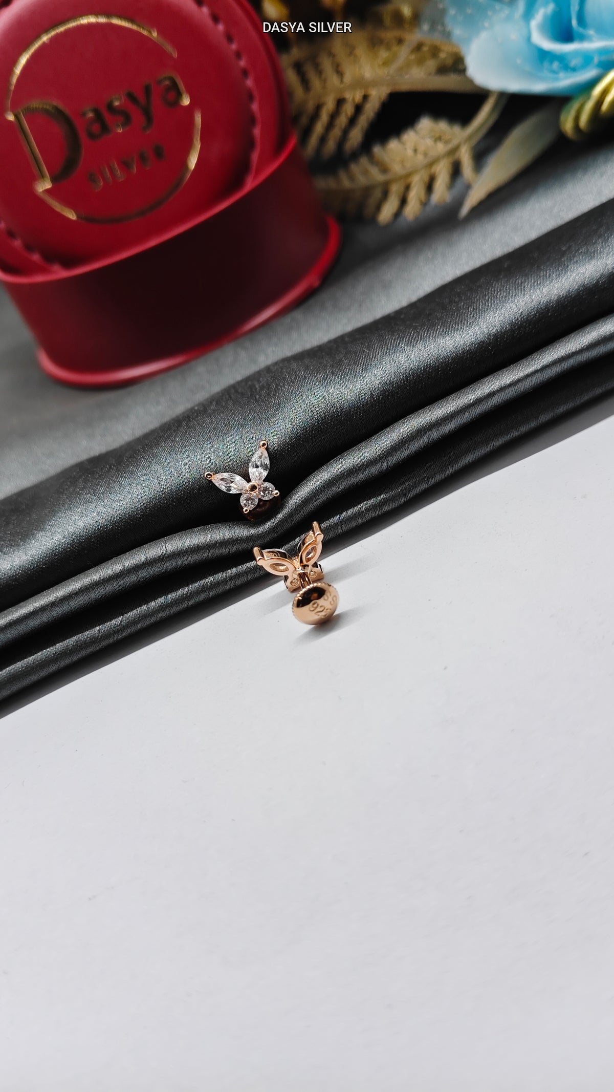 925 Silver Rose Gold 4 White Stone Butterfly Design Earrings