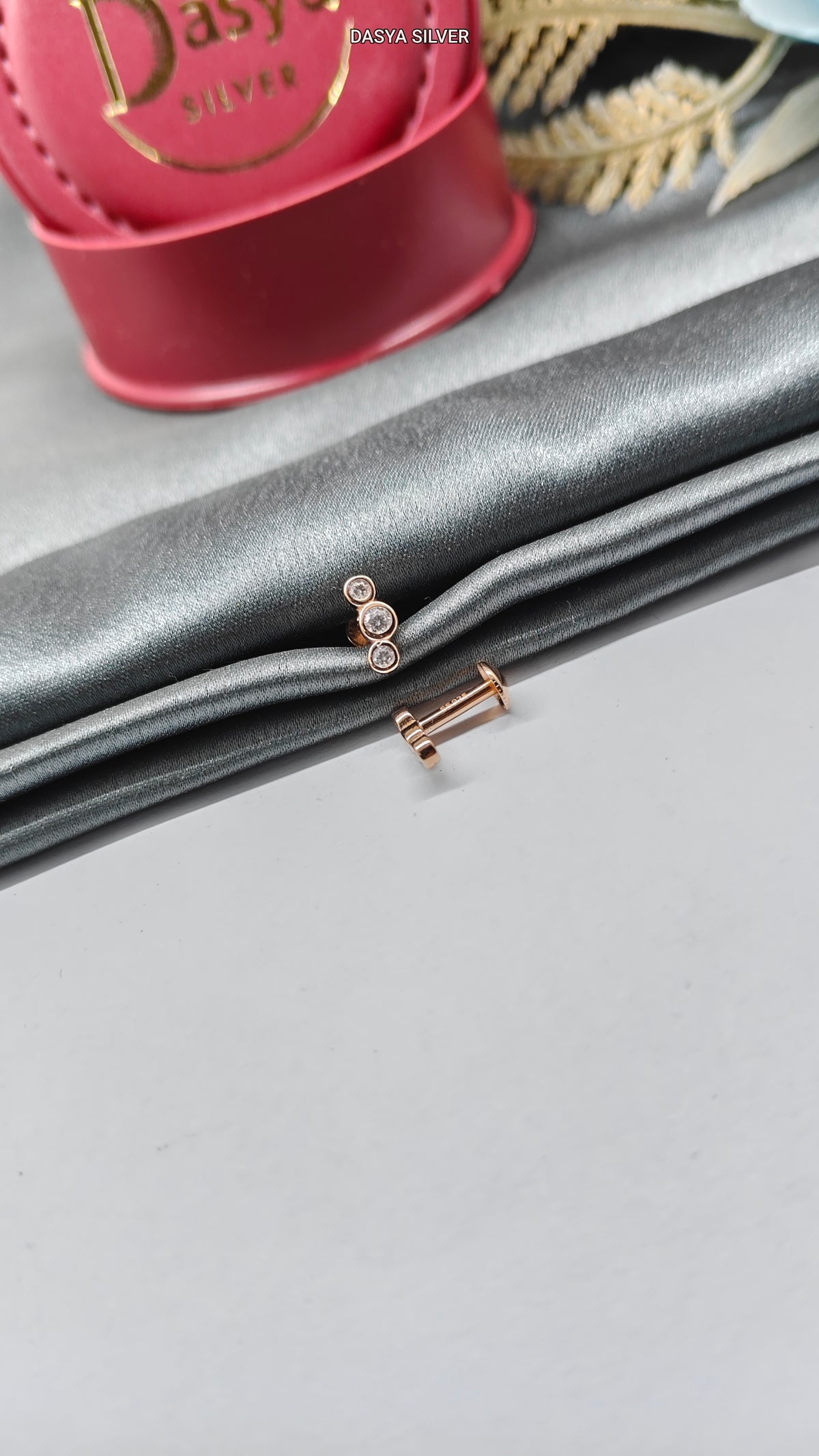 925 Silver Rose Gold 3 White Stone Design Small Earrings